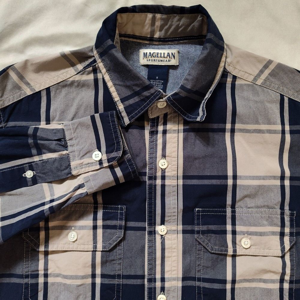 Magellan Sportswear Men Size S Plaid Cotton Pocket Long Sleeve Button Up Shirt